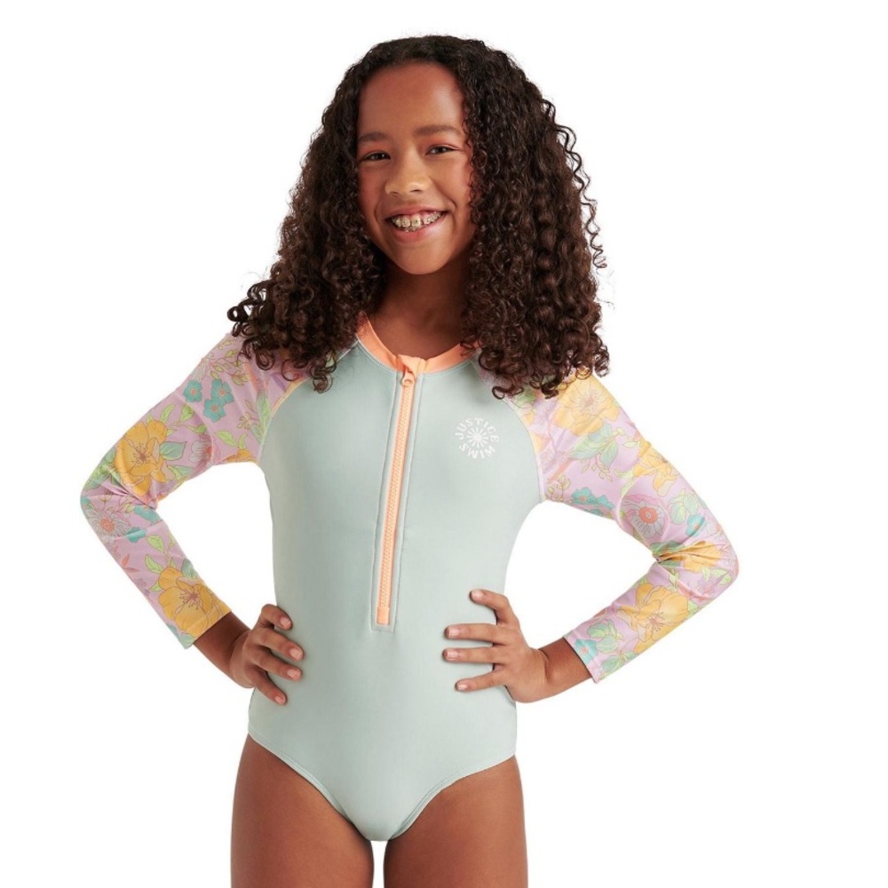 NWT Justice Girls' 10 Medium Colour Block Rash Guard 1-Piece